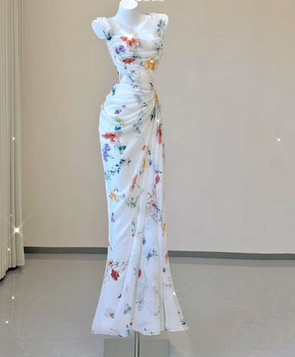 Classy Mermaid Square Neckline Floral Chiffon White Long Prom Dresses P0007