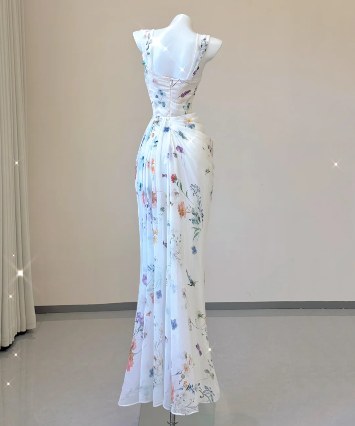 Classy Mermaid Square Neckline Floral Chiffon White Long Prom Dresses P0007