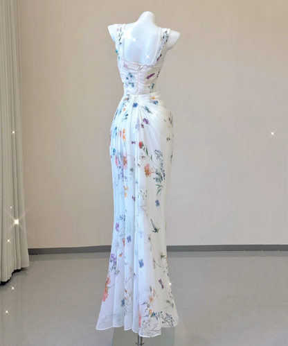 Classy Mermaid Square Neckline Floral Chiffon White Long Prom Dresses P0007