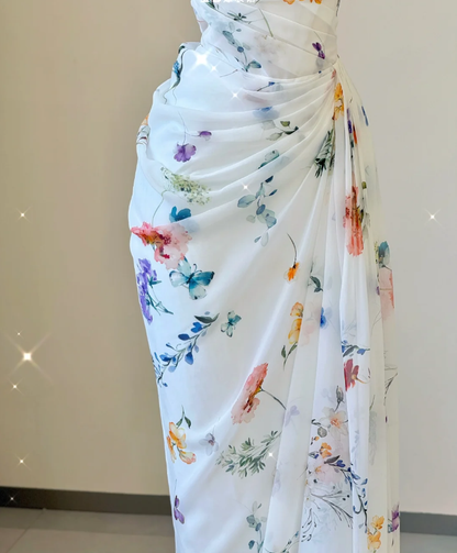 Classy Mermaid Square Neckline Floral Chiffon White Long Prom Dresses P0007