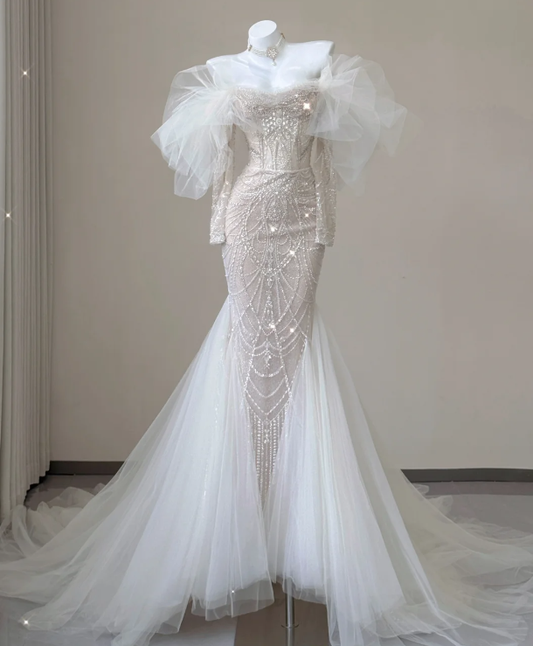 Elegant Mermaid Off The Shoulder Sequin Long Sleeves Wedding Dresses Brides Dress P0008