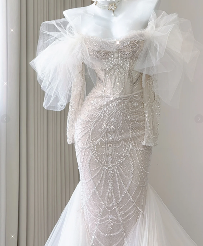 Elegant Mermaid Off The Shoulder Sequin Long Sleeves Wedding Dresses Brides Dress P0008