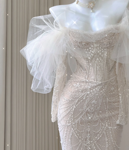 Elegant Mermaid Off The Shoulder Sequin Long Sleeves Wedding Dresses Brides Dress P0008