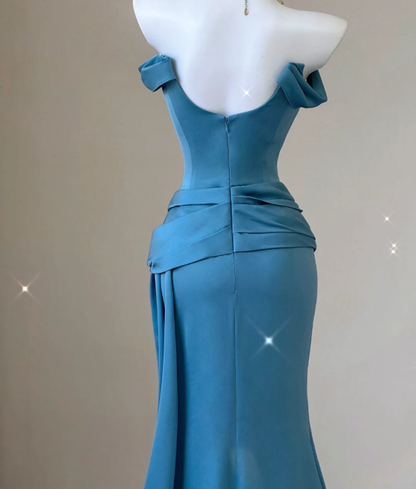 Classy Mermaid Strapless Blue Satin Evening Dress Long Prom Dresses P0009