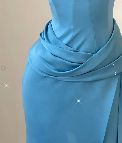 Classy Mermaid Strapless Blue Satin Evening Dress Long Prom Dresses P0009