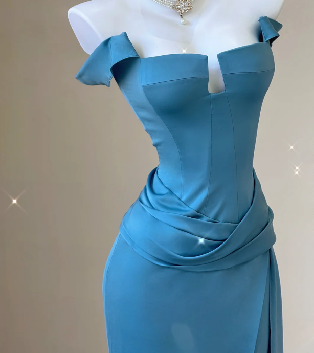 Classy Mermaid Strapless Blue Satin Evening Dress Long Prom Dresses P0009