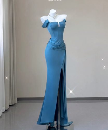 Classy Mermaid Strapless Blue Satin Evening Dress Long Prom Dresses P0009