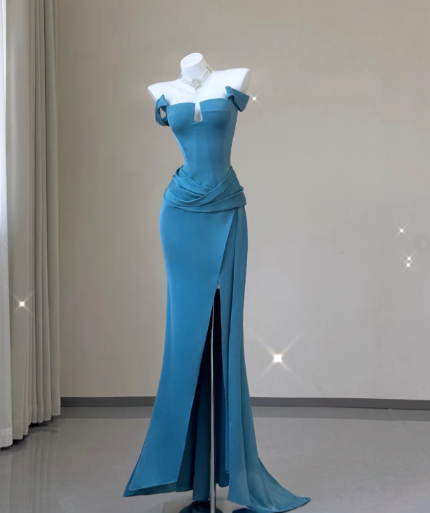 Classy Mermaid Strapless Blue Satin Evening Dress Long Prom Dresses P0009
