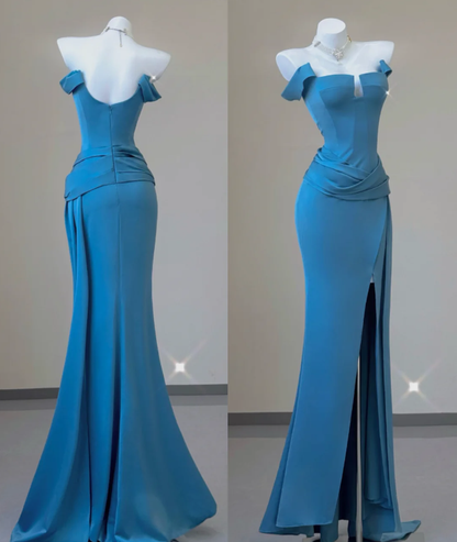 Classy Mermaid Strapless Blue Satin Evening Dress Long Prom Dresses P0009
