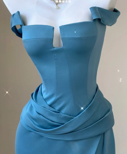 Classy Mermaid Strapless Blue Satin Evening Dress Long Prom Dresses P0009
