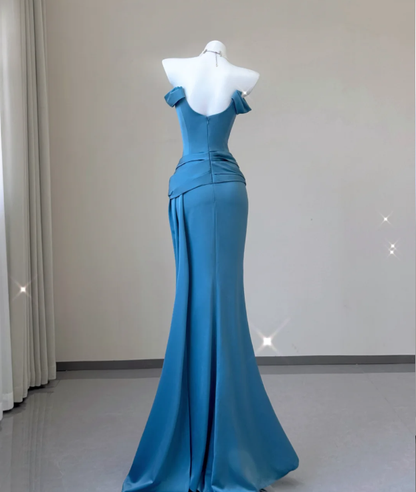 Classy Mermaid Strapless Blue Satin Evening Dress Long Prom Dresses P0009