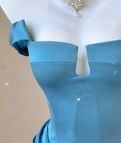 Classy Mermaid Strapless Blue Satin Evening Dress Long Prom Dresses P0009