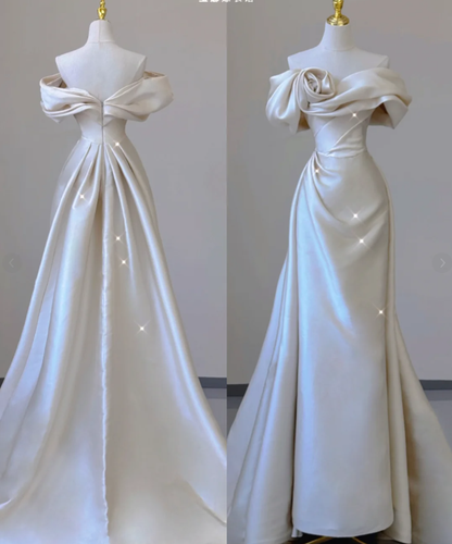 Elegant Mermaid Off The Shoulder Satin Short Sleeves Wedding Dresses Brides Dress P0010