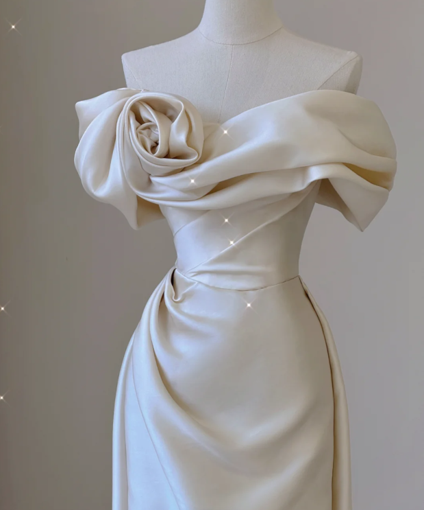 Elegant Mermaid Off The Shoulder Satin Short Sleeves Wedding Dresses Brides Dress P0010