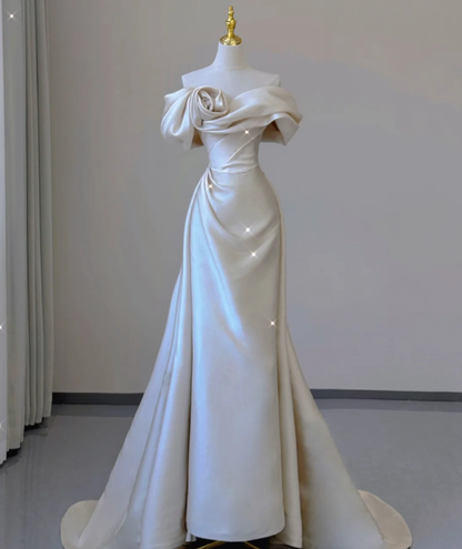 Elegant Mermaid Off The Shoulder Satin Short Sleeves Wedding Dresses Brides Dress P0010