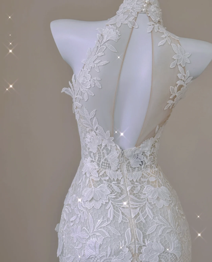 Elegant Mermaid High Neckline White Lace Sleeveless Wedding Dresses Brides Dress P0012