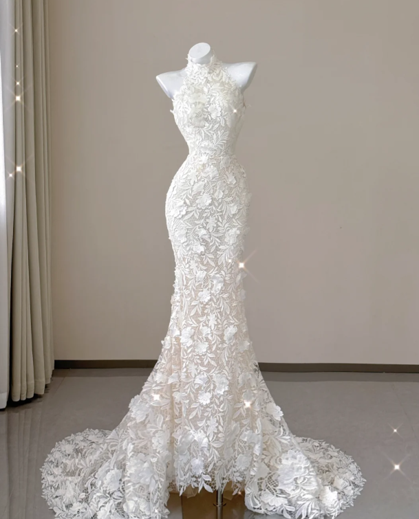 Elegant Mermaid High Neckline White Lace Sleeveless Wedding Dresses Brides Dress P0012