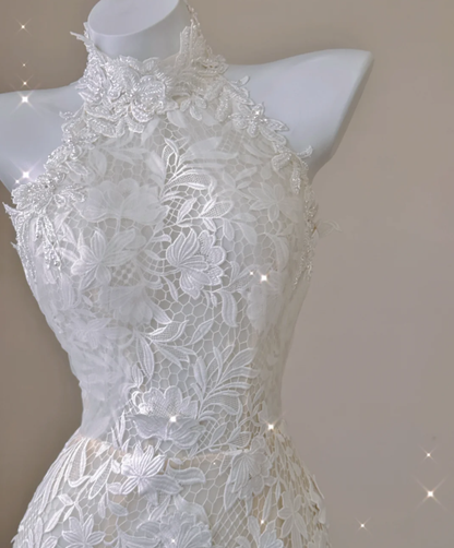 Elegant Mermaid High Neckline White Lace Sleeveless Wedding Dresses Brides Dress P0012