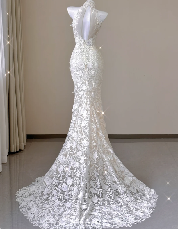 Elegant Mermaid High Neckline White Lace Sleeveless Wedding Dresses Brides Dress P0012