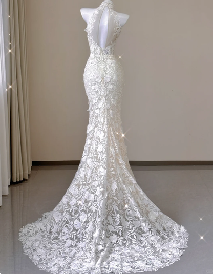 Elegant Mermaid High Neckline White Lace Sleeveless Wedding Dresses Brides Dress P0012
