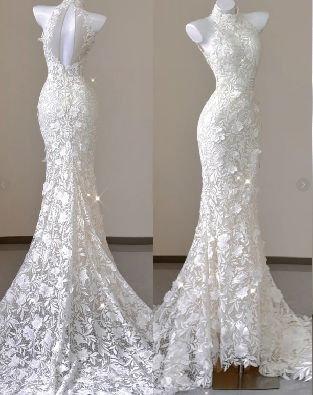 Elegant Mermaid High Neckline White Lace Sleeveless Wedding Dresses Brides Dress P0012
