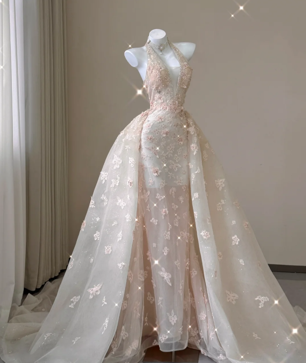 Classy Mermaid Halter Pink Lace Sleeveless Evening Dress Long Prom Dresses P0013