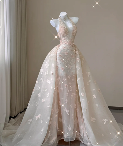 Classy Mermaid Halter Pink Lace Sleeveless Evening Dress Long Prom Dresses P0013