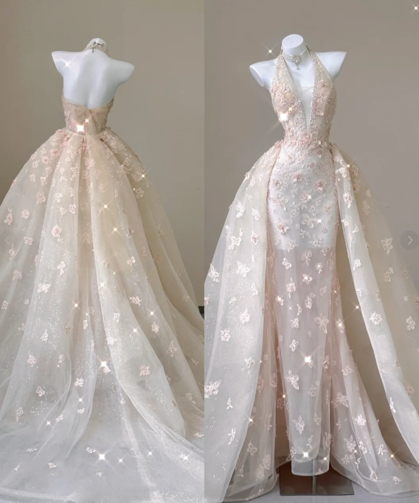 Classy Mermaid Halter Pink Lace Sleeveless Evening Dress Long Prom Dresses P0013