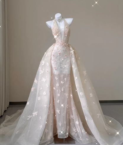 Classy Mermaid Halter Pink Lace Sleeveless Evening Dress Long Prom Dresses P0013