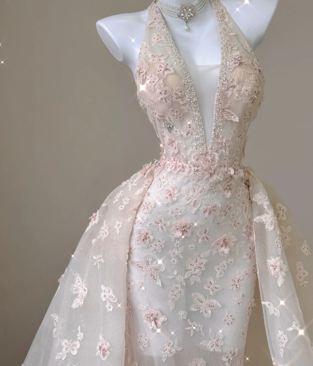 Classy Mermaid Halter Pink Lace Sleeveless Evening Dress Long Prom Dresses P0013