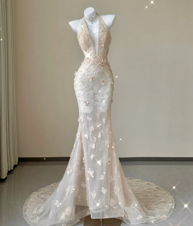 Classy Mermaid Halter Pink Lace Sleeveless Evening Dress Long Prom Dresses P0013