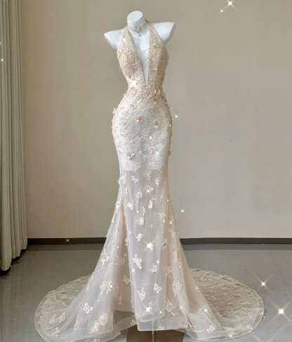 Classy Mermaid Halter Pink Lace Sleeveless Evening Dress Long Prom Dresses P0013