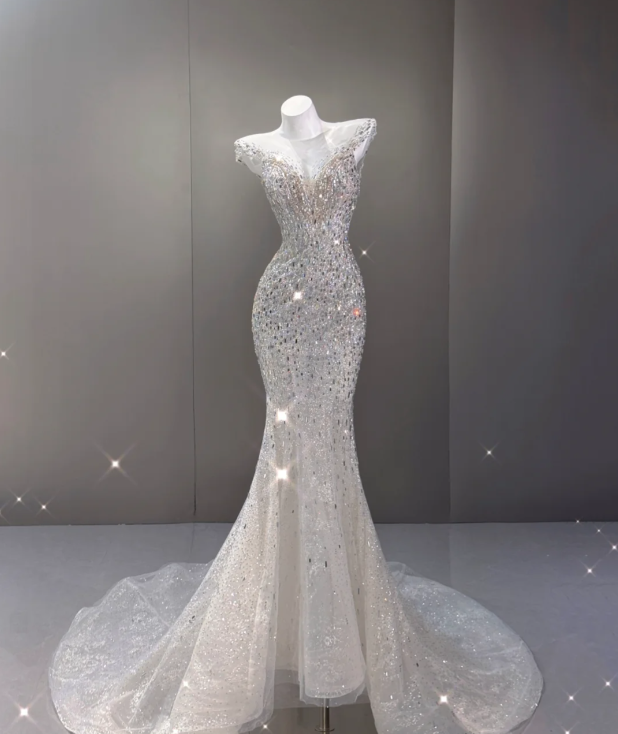 Elegant Mermaid Scoop Neckline Sequin Wedding Dresses Long Brides Dress P0017
