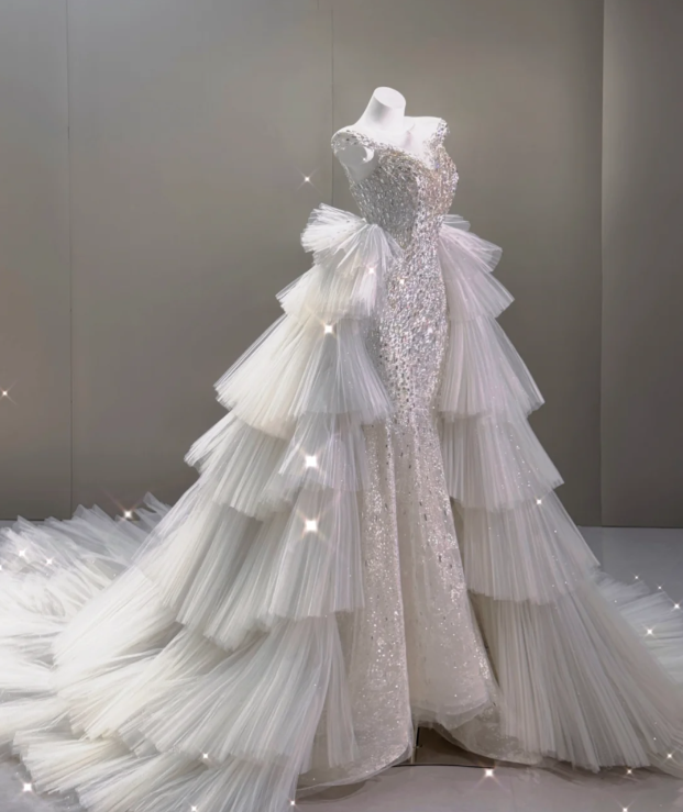 Elegant Mermaid Scoop Neckline Sequin Wedding Dresses Long Brides Dress P0017