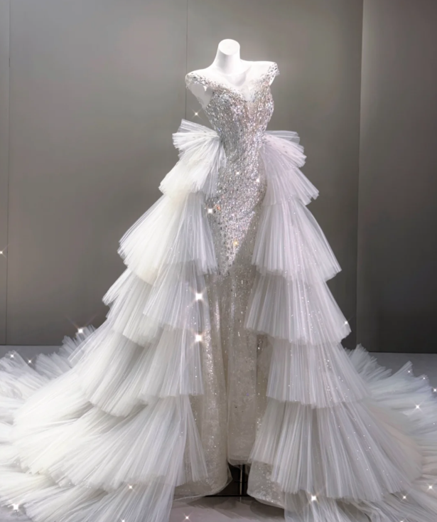 Elegant Mermaid Scoop Neckline Sequin Wedding Dresses Long Brides Dress P0017