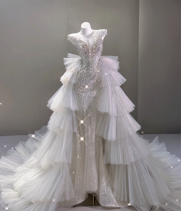 Elegant Mermaid Scoop Neckline Sequin Wedding Dresses Long Brides Dress P0017