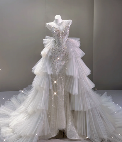 Elegant Mermaid Scoop Neckline Sequin Wedding Dresses Long Brides Dress P0017