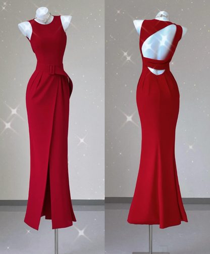 Classy Mermaid Jewel Red Satin Slit Evening Dress Long Prom Dresses P0021