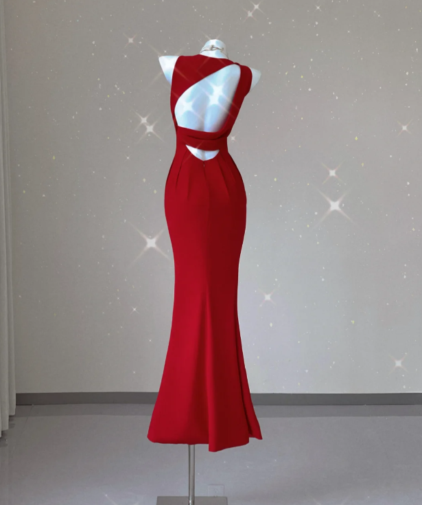Classy Mermaid Jewel Red Satin Slit Evening Dress Long Prom Dresses P0021