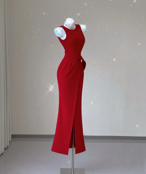 Classy Mermaid Jewel Red Satin Slit Evening Dress Long Prom Dresses P0021
