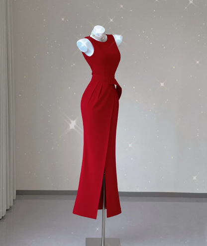 Classy Mermaid Jewel Red Satin Slit Evening Dress Long Prom Dresses P0021
