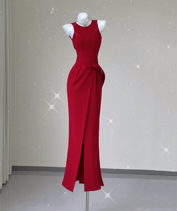 Classy Mermaid Jewel Red Satin Slit Evening Dress Long Prom Dresses P0021
