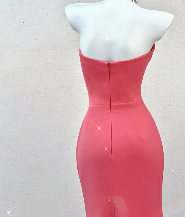 Classy Mermaid Strapless Pink Satin Evening Dress Long Prom Dresses P0022