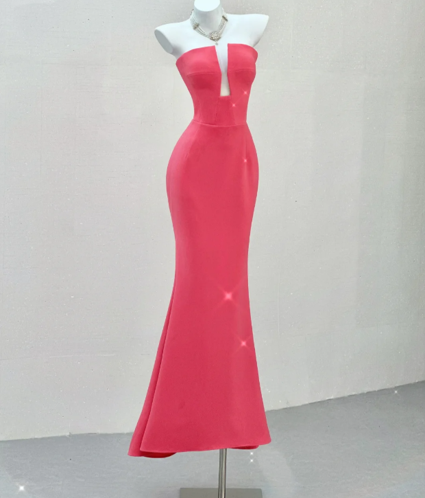 Classy Mermaid Strapless Pink Satin Evening Dress Long Prom Dresses P0022