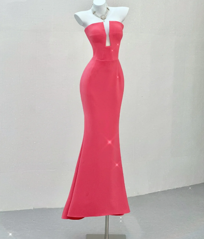 Classy Mermaid Strapless Pink Satin Evening Dress Long Prom Dresses P0022