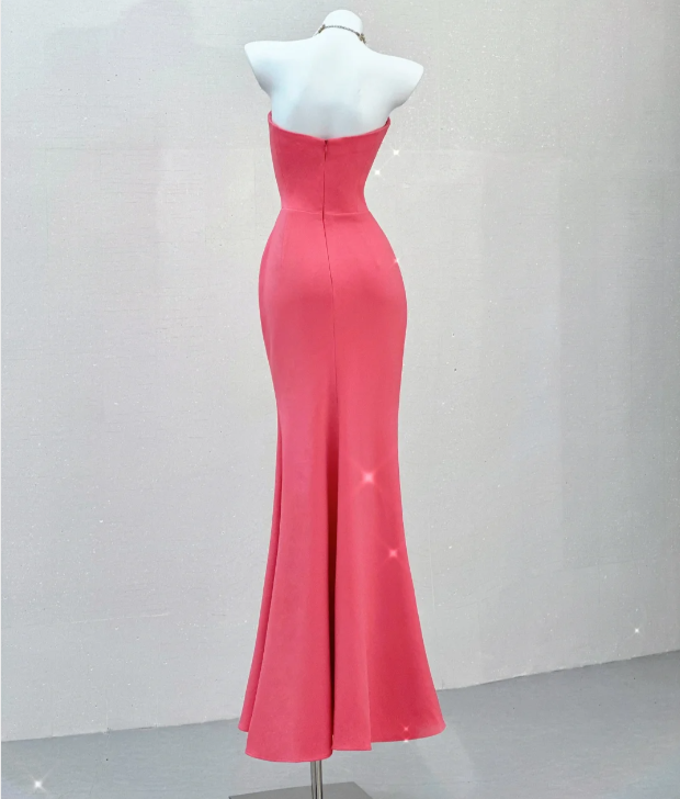 Classy Mermaid Strapless Pink Satin Evening Dress Long Prom Dresses P0022