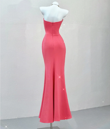 Classy Mermaid Strapless Pink Satin Evening Dress Long Prom Dresses P0022