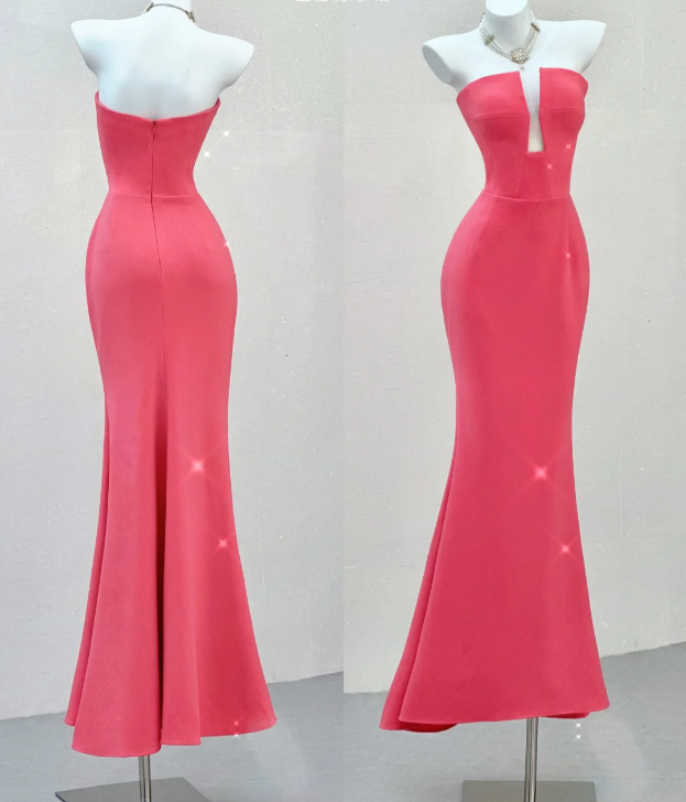 Classy Mermaid Strapless Pink Satin Evening Dress Long Prom Dresses P0022