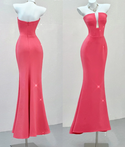 Classy Mermaid Strapless Pink Satin Evening Dress Long Prom Dresses P0022