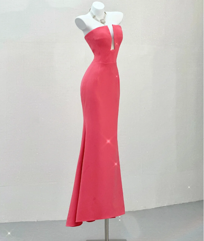 Classy Mermaid Strapless Pink Satin Evening Dress Long Prom Dresses P0022